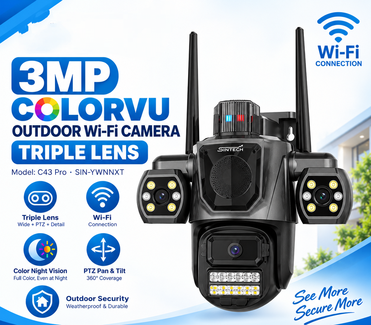 3MP ColorVu Outdoor WiFi Camera (Triple Lens)
